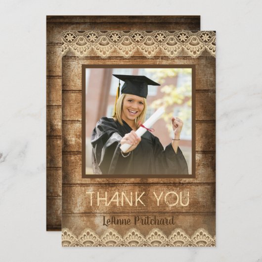 Rustic Wood Lace Afstuderen Foto Dank u Bedankkaart (Voorkant / Achterkant)