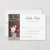 Rustic Wood Lace Blush Burgundy Mason Jar RSVP Kaart (Voorkant)