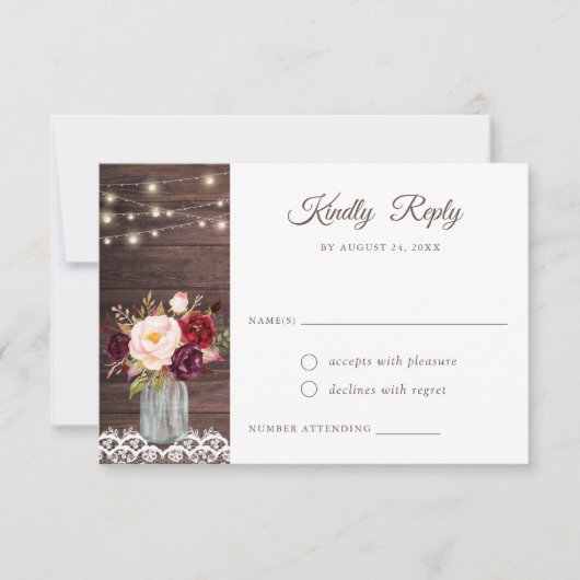 Rustic Wood Lace Blush Burgundy Mason Jar RSVP Kaart (Voorkant)