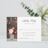 Rustic Wood Lace Blush Burgundy Mason Jar RSVP Kaart (Staand voorkant)
