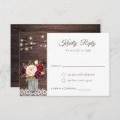 Rustic Wood Lace Blush Burgundy Mason Jar RSVP Kaart (Voorkant / Achterkant)