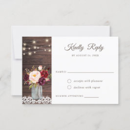 Rustic Wood Lace Blush Burgundy Mason Jar RSVP Kaart