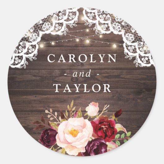 Rustic Wood Lace Blush Burgundy Seal Sticker (Voorkant)