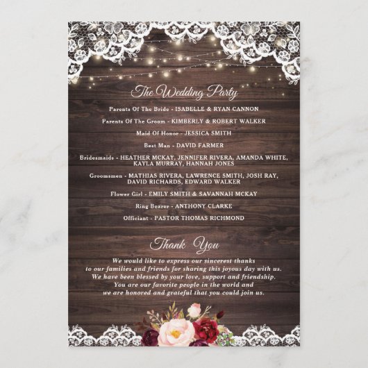 Rustic Wood Lace Blush Burgundy Wedding Programme Programmakaart (Achterkant)