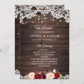 Rustic Wood Lace Blush Burgundy Wedding Programme Programmakaart (Voorkant / Achterkant)