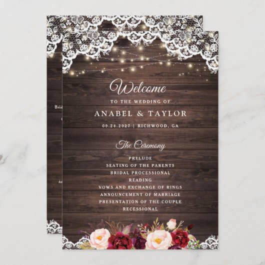 Rustic Wood Lace Blush Burgundy Wedding Programme Programmakaart (Voorkant / Achterkant)