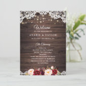 Rustic Wood Lace Blush Burgundy Wedding Programme Programmakaart (Staand voorkant)