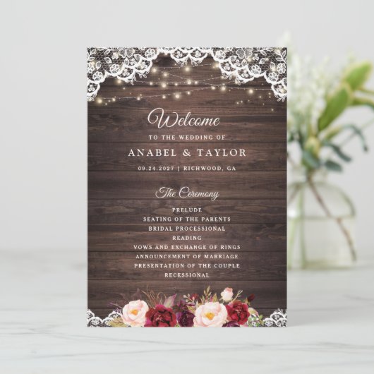 Rustic Wood Lace Blush Burgundy Wedding Programme Programmakaart (Staand voorkant)