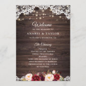 Rustic Wood Lace Blush Burgundy Wedding Programme Programmakaart (Voorkant)