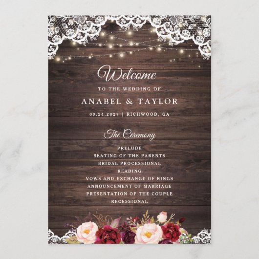 Rustic Wood Lace Blush Burgundy Wedding Programme Programmakaart (Voorkant)