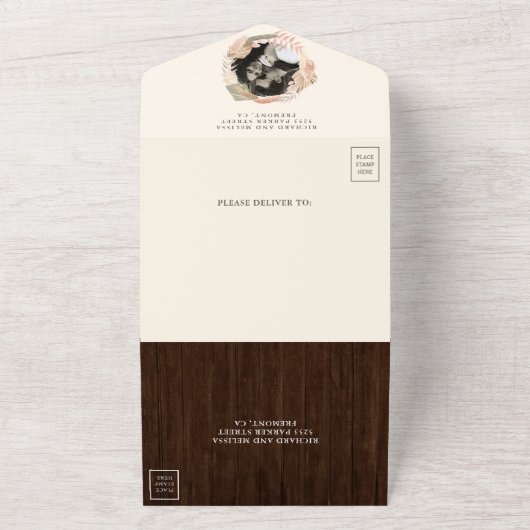 Rustic Wood Lace Boho Dried Palm Pampas Wedding All In One Uitnodiging (Buitenkant)