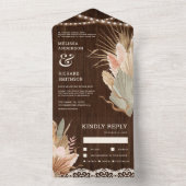 Rustic Wood Lace Boho Dried Palm Pampas Wedding All In One Uitnodiging (Binnen)
