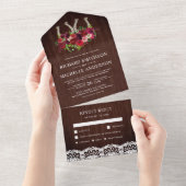 Rustic Wood Lace Burgundy Floral Hoefijzer Wedding All In One Uitnodiging (Afscheurbaar)