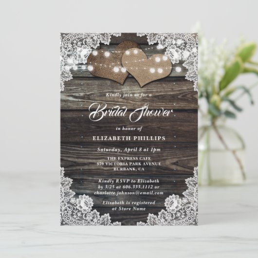 Rustic Wood Lace Burlap Hearts Vrijgezellenfeest Kaart (Staand voorkant)