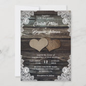 Rustic Wood Lace Burlap Hearts Wedding Invitations Kaart (Voorkant)