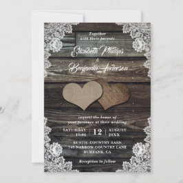 Rustic Wood Lace Burlap Hearts Wedding Invitations Kaart