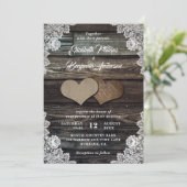 Rustic Wood Lace Burlap Hearts Wedding Invitations Kaart (Staand voorkant)