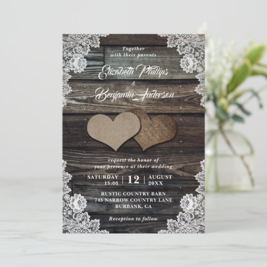 Rustic Wood Lace Burlap Hearts Wedding Invitations Kaart (Staand voorkant)