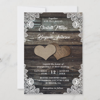 Rustic Wood Lace Burlap Hearts Wedding Invitations Kaart