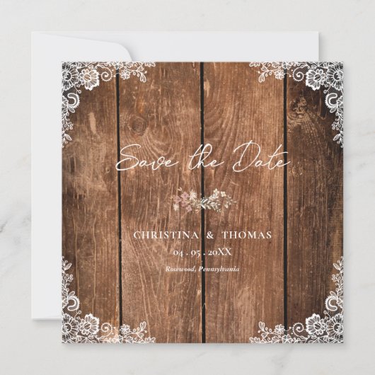 Rustic Wood Lace Country Wedding Save The Date (Voorkant)