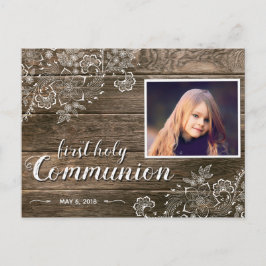 Rustic Wood Lace Eerste Communie Foto Uitnodiging Briefkaart