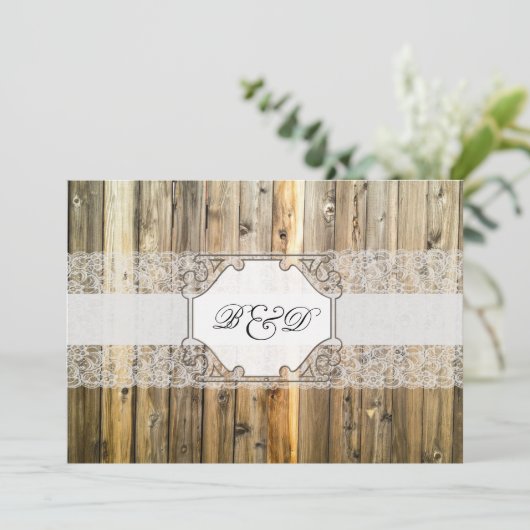 Rustic Wood Lace Elegant Wedding Invitation Kaart (Staand voorkant)