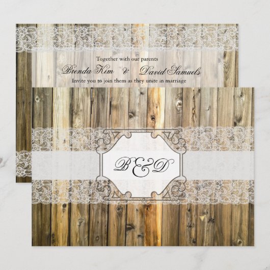 Rustic Wood Lace Elegant Wedding Invitation Kaart (Voorkant / Achterkant)