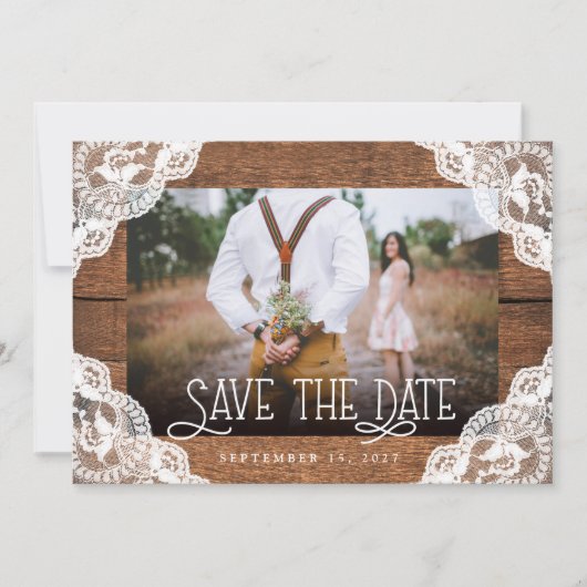 Rustic Wood Lace en Lichten Foto opslaan Datum Save The Date (Voorkant)