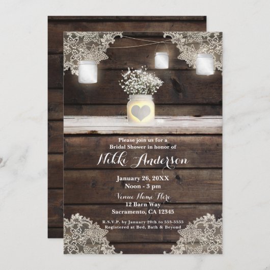 Rustic Wood, Lace en Mason Jars Barn Vrijgezellenf Kaart (Voorkant / Achterkant)