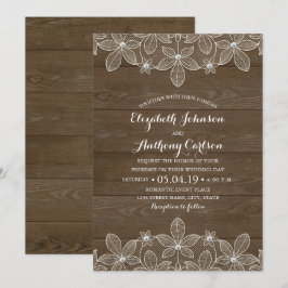 Rustic Wood Lace en Pearls Wedding Kaart