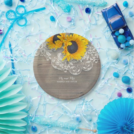 Rustic Wood Lace en Sunflower Wedding Papieren Bordje (Feest)