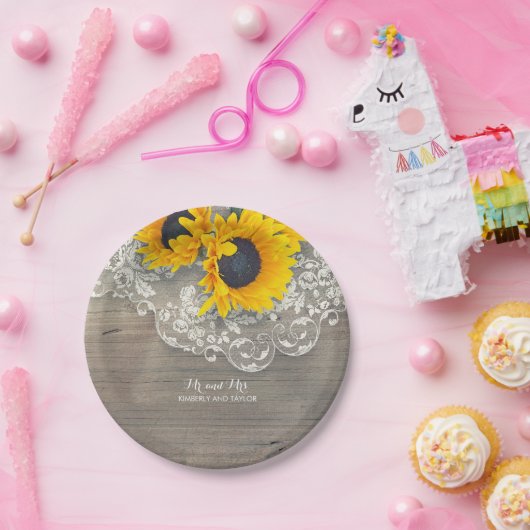 Rustic Wood Lace en Sunflower Wedding Papieren Bordje (Feest)