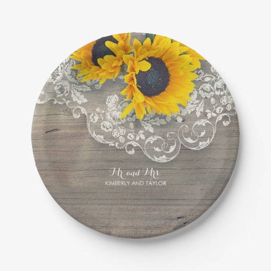 Rustic Wood Lace en Sunflower Wedding Papieren Bordje (Voorkant)