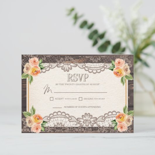 Rustic Wood Lace Fall Wedding RSVP Enclosure Card (Staand voorkant)