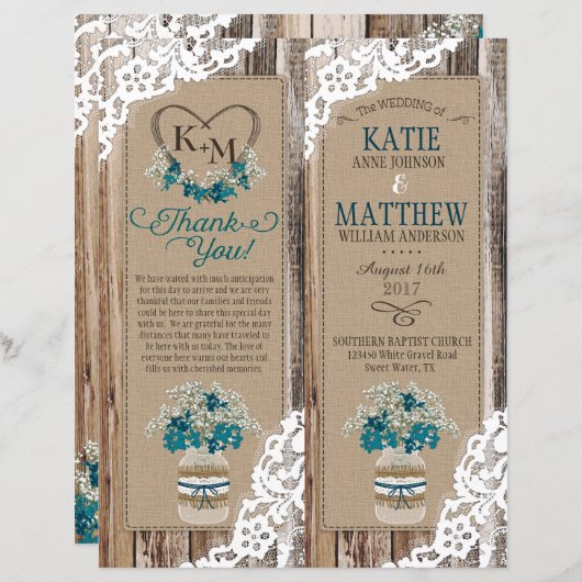 Rustic Wood Lace Floral Bouquet Program Kaart (Voorkant / Achterkant)