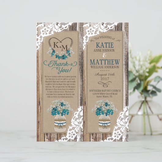 Rustic Wood Lace Floral Bouquet Program Kaart (Staand voorkant)