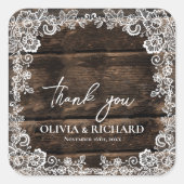 Rustic Wood Lace Floral Wedding Thank You Vierkante Sticker (Voorkant)