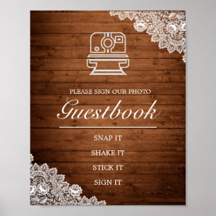 Rustic Wood & Lace Foto Guest Book Wedding Sign Poster