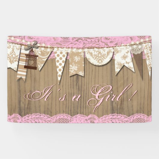 Rustic Wood Lace Girl Baby shower Spandoek (Horizontaal)