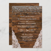 Rustic Wood Lace Glitter Confetti Wedding Invite Kaart (Voorkant / Achterkant)