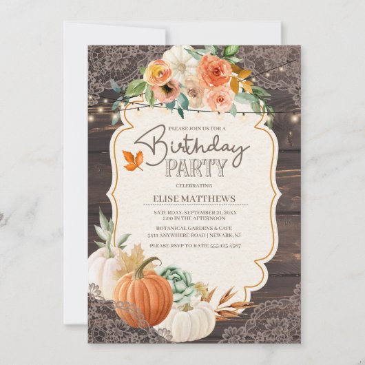 Rustic Wood Lace Herfst Birthday Uitnodiging (Voorkant)