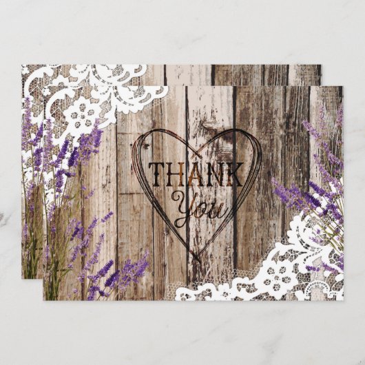 Rustic Wood Lace Lavender Heart Etching Bedankt (Voorkant / Achterkant)