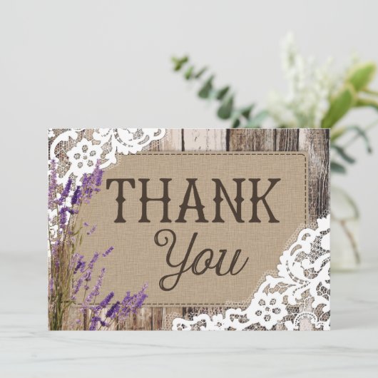 Rustic Wood Lace Lavender Heart Etching Bedankt (Staand voorkant)