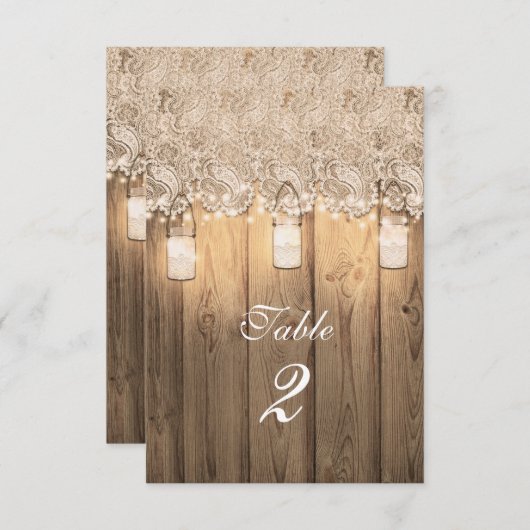 Rustic Wood Lace & Lighted Mason Jar Table Number Kaart (Voorkant / Achterkant)