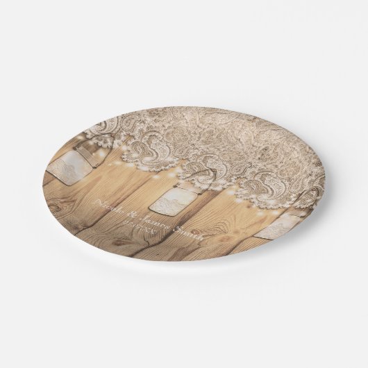Rustic Wood Lace & Lighted Mason Jar Wedding Papieren Bordje (Gekanteld)