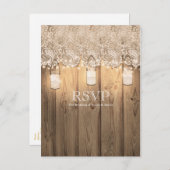 Rustic Wood Lace & Lighted Mason Jar Wedding RSVP Uitnodiging Briefkaart (Voorkant / Achterkant)