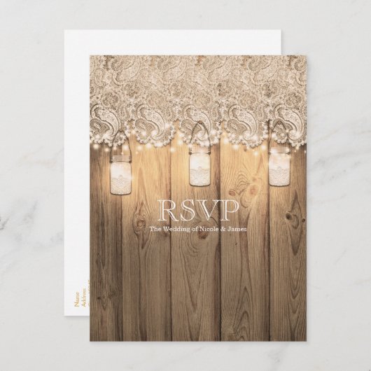 Rustic Wood Lace & Lighted Mason Jar Wedding RSVP Uitnodiging Briefkaart (Voorkant / Achterkant)