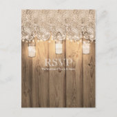 Rustic Wood Lace & Lighted Mason Jar Wedding RSVP Uitnodiging Briefkaart (Voorkant)