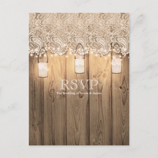 Rustic Wood Lace & Lighted Mason Jar Wedding RSVP Uitnodiging Briefkaart (Voorkant)
