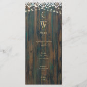 Rustic Wood Lace Lights Gold Text Wedding Menu (Voorkant)